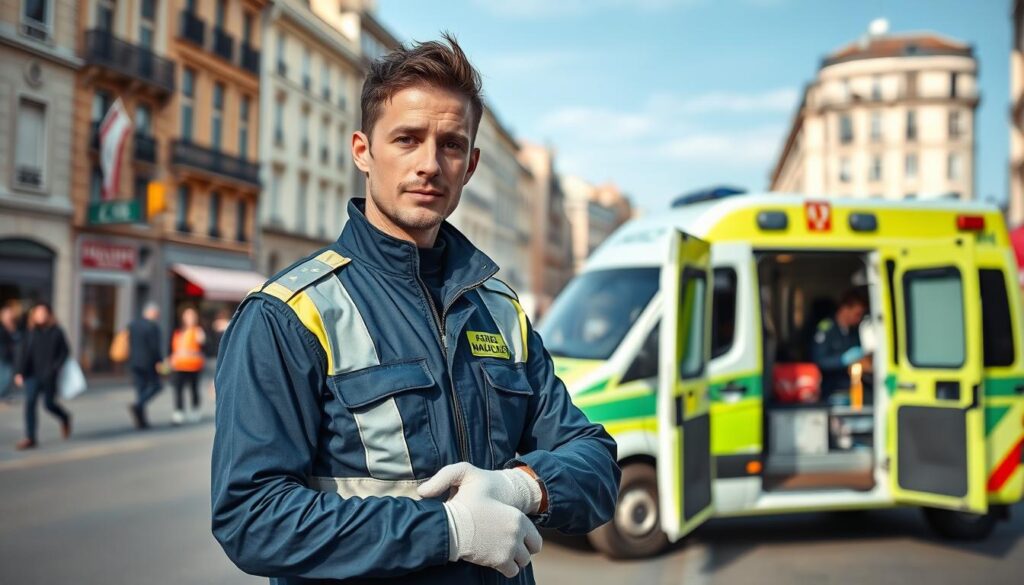 A European paramedic in a modern urban setting, wearing a smart, professional medical uniform with reflective accents, stands confidently in the foreground. The paramedic is engaged in preparing medical equipment, showcasing their role in emergency care. In the middle ground, an ambulance is parked, its doors open with medical supplies visible, emphasizing the context of emergency services. The background features a bustling European cityscape, with recognizable architecture and pedestrians, reflecting a vibrant urban atmosphere. The scene is illuminated by natural daylight, creating a clear and focused composition, captured with a slight angle to emphasize action. The overall mood is one of professionalism and readiness, highlighting the importance of emergency medical services in Europe. A European paramedic in a modern urban setting, wearing a smart, professional medical uniform with reflective accents, stands confidently in the foreground. The paramedic is engaged in preparing medical equipment, showcasing their role in emergency care. In the middle ground, an ambulance is parked, its doors open with medical supplies visible, emphasizing the context of emergency services. The background features a bustling European cityscape, with recognizable architecture and pedestrians, reflecting a vibrant urban atmosphere. The scene is illuminated by natural daylight, creating a clear and focused composition, captured with a slight angle to emphasize action. The overall mood is one of professionalism and readiness, highlighting the importance of emergency medical services in Europe.