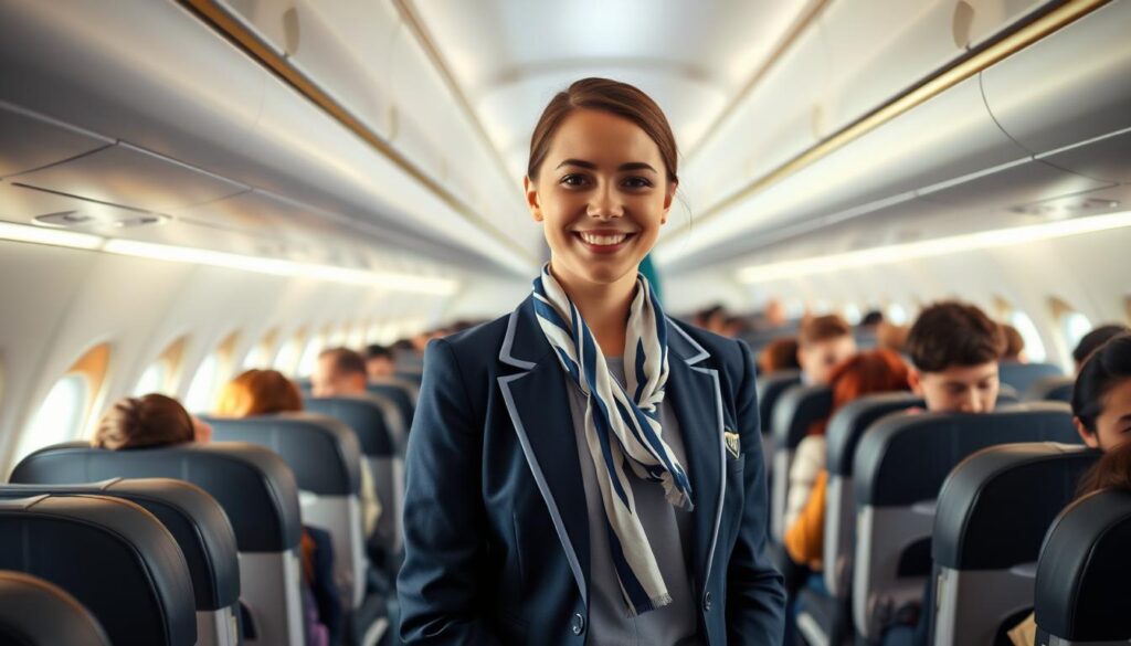 A Ryanair flight attendant stands confidently in an airplane aisle, wearing a smart, professional uniform complete with a blazer and scarf. In the foreground, she smiles warmly as she interacts with passengers. The middle ground features rows of airplane seats, filled with travelers in casual attire, creating a sense of movement and activity. The background showcases the airplane’s windows with clouds visible outside, suggesting altitude and travel. Soft, natural lighting filters through the cabin, creating an inviting atmosphere. The angle captures a slightly elevated perspective to emphasize the cabin environment and the friendliness of the flight attendant. The overall mood is professional yet welcoming, reflecting the airline's service culture. A Ryanair flight attendant stands confidently in an airplane aisle, wearing a smart, professional uniform complete with a blazer and scarf. In the foreground, she smiles warmly as she interacts with passengers. The middle ground features rows of airplane seats, filled with travelers in casual attire, creating a sense of movement and activity. The background showcases the airplane’s windows with clouds visible outside, suggesting altitude and travel. Soft, natural lighting filters through the cabin, creating an inviting atmosphere. The angle captures a slightly elevated perspective to emphasize the cabin environment and the friendliness of the flight attendant. The overall mood is professional yet welcoming, reflecting the airline's service culture.