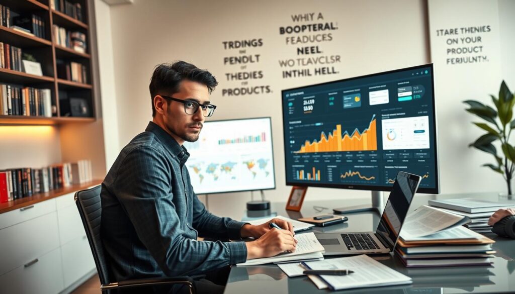 A business professional analyzing product trends for dropshipping. In the foreground, a focused individual in smart casual attire, sitting at a sleek desk cluttered with market research reports, a laptop displaying graphs, and a notepad filled with notes. In the middle, a large monitor showcases a digital dashboard with trending product metrics and charts. The background features a modern office space with bookshelves filled with entrepreneurial books and motivational quotes on the wall. The lighting is soft and warm, creating an inviting and productive atmosphere. The angle should be slightly above eye level, highlighting the determination on the professional's face as they strategize product selection for successful dropshipping. A business professional analyzing product trends for dropshipping. In the foreground, a focused individual in smart casual attire, sitting at a sleek desk cluttered with market research reports, a laptop displaying graphs, and a notepad filled with notes. In the middle, a large monitor showcases a digital dashboard with trending product metrics and charts. The background features a modern office space with bookshelves filled with entrepreneurial books and motivational quotes on the wall. The lighting is soft and warm, creating an inviting and productive atmosphere. The angle should be slightly above eye level, highlighting the determination on the professional's face as they strategize product selection for successful dropshipping.