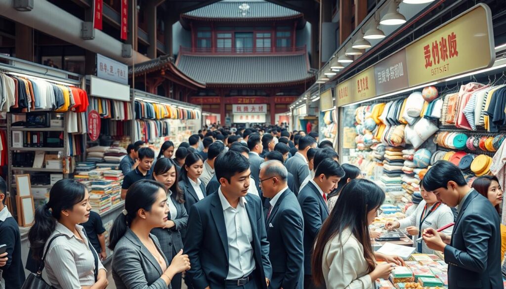 A bustling Chinese wholesale market scene with vendors showcasing a variety of products like electronics, textiles, and home goods. In the foreground, a diverse group of professional business people, dressed in smart business casual attire, are engaged in discussions and examining items. The middle ground features colorful stalls filled with goods, with some vendors demonstrating products to buyers. The background reveals traditional Chinese architecture, juxtaposed with modern market elements, creating a vibrant atmosphere. Soft, natural lighting illuminates the scene, emphasizing the dynamic interactions and the assortment of products available. The angle captures an immersive perspective, inviting the viewer into this lively marketplace, showcasing the essence of sourcing goods in China. A bustling Chinese wholesale market scene with vendors showcasing a variety of products like electronics, textiles, and home goods. In the foreground, a diverse group of professional business people, dressed in smart business casual attire, are engaged in discussions and examining items. The middle ground features colorful stalls filled with goods, with some vendors demonstrating products to buyers. The background reveals traditional Chinese architecture, juxtaposed with modern market elements, creating a vibrant atmosphere. Soft, natural lighting illuminates the scene, emphasizing the dynamic interactions and the assortment of products available. The angle captures an immersive perspective, inviting the viewer into this lively marketplace, showcasing the essence of sourcing goods in China.