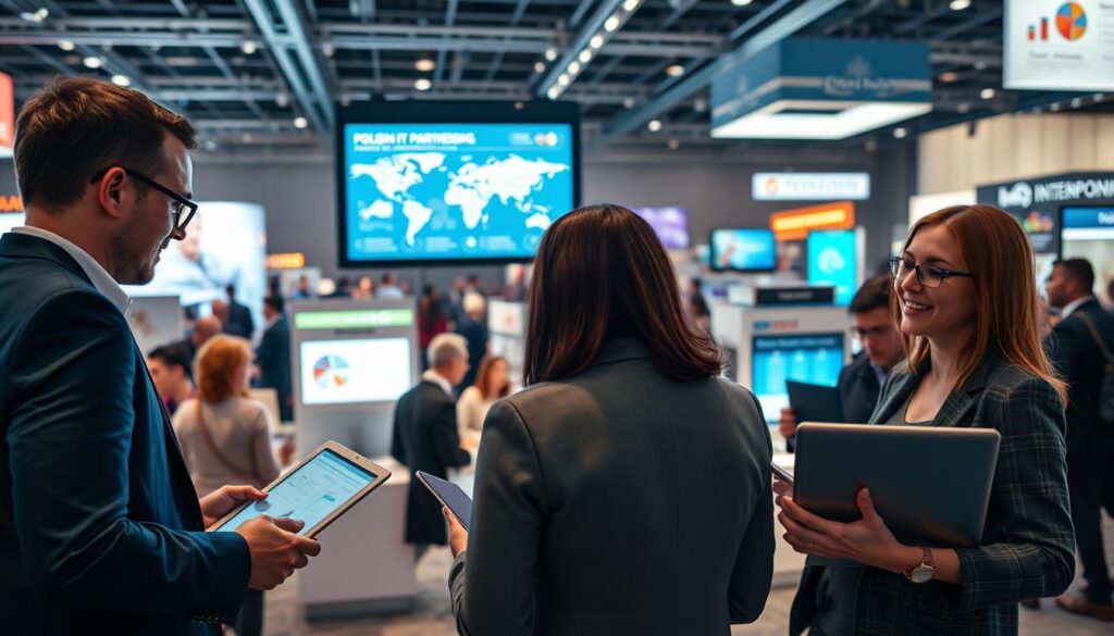 A bustling international technology conference scene, showcasing Polish IT professionals collaborating with diverse experts from around the globe. In the foreground, a group of three individuals in professional business attire are engaged in animated discussions, using digital devices like laptops and tablets. The middle ground features a large screen displaying graphs and charts, representing global partnerships and technological innovations. The background is filled with stylish booth displays from various international IT companies, with visitors networking and exchanging ideas. Soft, ambient lighting casts a warm glow, creating an energetic and optimistic atmosphere. The perspective is slightly angled for depth, capturing the dynamic essence of international collaboration in the IT sector. A bustling international technology conference scene, showcasing Polish IT professionals collaborating with diverse experts from around the globe. In the foreground, a group of three individuals in professional business attire are engaged in animated discussions, using digital devices like laptops and tablets. The middle ground features a large screen displaying graphs and charts, representing global partnerships and technological innovations. The background is filled with stylish booth displays from various international IT companies, with visitors networking and exchanging ideas. Soft, ambient lighting casts a warm glow, creating an energetic and optimistic atmosphere. The perspective is slightly angled for depth, capturing the dynamic essence of international collaboration in the IT sector.