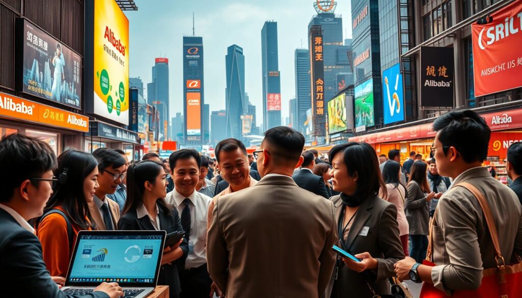A bustling scene depicting the transformative impact of Alibaba on Chinese e-commerce. In the foreground, a diverse group of professionals in business attire are engaged in a lively discussion, with laptops and digital devices showcasing e-commerce platforms. The middle ground features a modern city skyline with skyscrapers, representing technological advancement, and vibrant digital advertisements for Alibaba's services. In the background, a dynamic marketplace with vendors and customers interacting emphasizes the changing landscape of commerce. Bright, warm lighting illuminates the scene, creating an optimistic and energetic atmosphere. The perspective is slightly elevated, capturing the essence of growth and innovation in the economy without any text or captions.