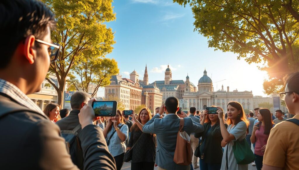 A bustling urban street scene showcasing augmented reality navigation for tourists. In the foreground, a diverse group of travelers, dressed in professional attire and modest casual clothing, interact with AR devices displaying digital maps and landmarks. They are capturing photos and pointing at virtual icons superimposed on real-world buildings. In the middle ground, a vibrant cityscape with modern architecture and historical landmarks, illuminated by soft, warm sunlight filtering through trees. The background features a clear blue sky, with just a hint of clouds, enhancing the lively atmosphere. The overall mood is adventurous and engaging, emphasizing the fusion of technology and travel, as the lens captures the scene from a slightly elevated angle to provide depth and perspective.