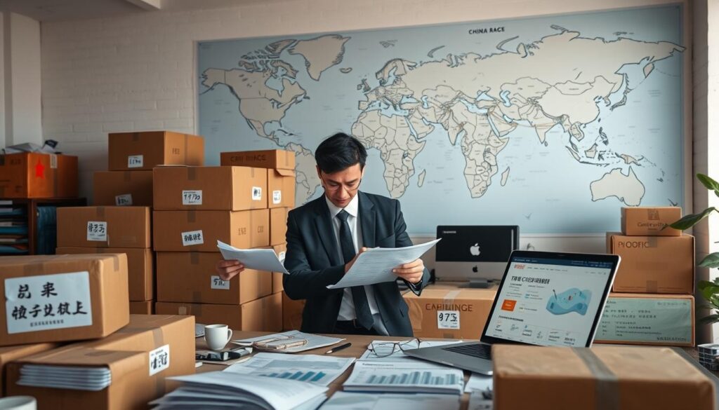 A busy and organized workspace showcasing the process of importing goods from China. In the foreground, a professional individual in business attire is analyzing documents and charts detailing shipping logistics and product sourcing. The middle ground features boxes labeled with Chinese characters alongside a laptop displaying e-commerce platforms, emphasizing modern trade practices. The background includes a large world map with trade routes highlighted, conveying a global perspective. Soft, natural lighting from a nearby window casts a warm glow over the scene, creating a productive and optimistic atmosphere. The image captures the essence of embarking on a journey of international trade, focusing on professionalism and diligence. A busy and organized workspace showcasing the process of importing goods from China. In the foreground, a professional individual in business attire is analyzing documents and charts detailing shipping logistics and product sourcing. The middle ground features boxes labeled with Chinese characters alongside a laptop displaying e-commerce platforms, emphasizing modern trade practices. The background includes a large world map with trade routes highlighted, conveying a global perspective. Soft, natural lighting from a nearby window casts a warm glow over the scene, creating a productive and optimistic atmosphere. The image captures the essence of embarking on a journey of international trade, focusing on professionalism and diligence.