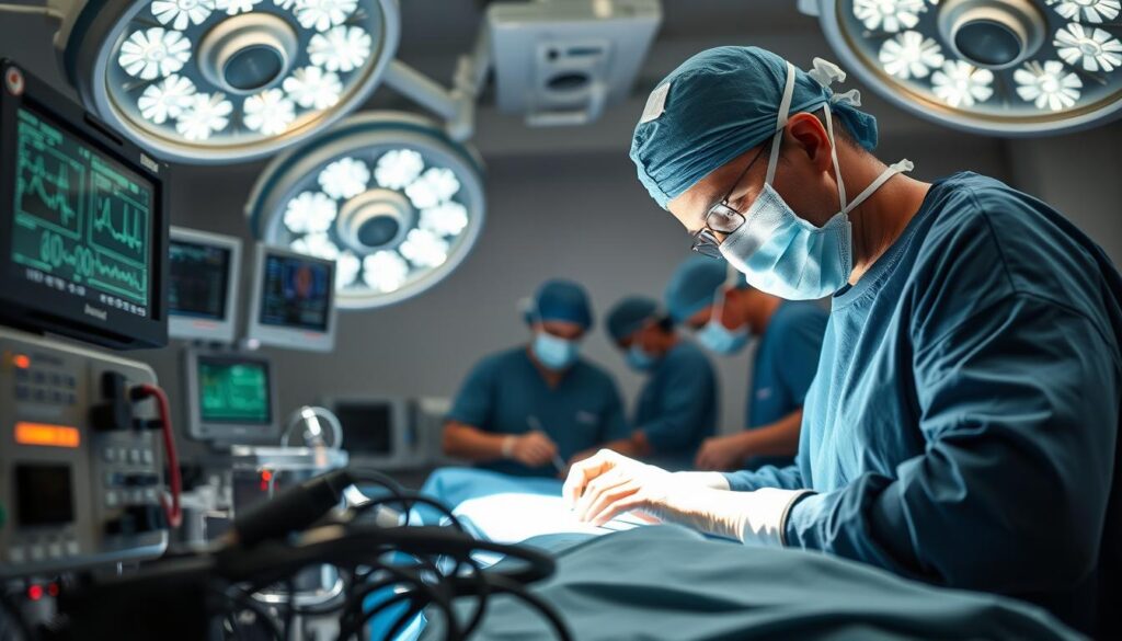A busy hospital operating room, featuring a skilled surgeon in professional scrubs and a surgical mask, focusing intently on a patient on the operating table. The foreground shows detailed surgical tools and monitors displaying vital signs. In the middle, the surgeon is performing a complex procedure, illuminated by bright overhead surgical lights, casting a sterile, clinical glow on the scene. Assistants in the background, also dressed in scrubs, are preparing additional instruments and supporting the operation. The atmosphere is tense yet professional, conveying the serious responsibilities of a surgeon, with an emphasis on teamwork and precision. Use a wide-angle lens to capture the dynamic scene from a slightly elevated angle, ensuring a clear view of the entire operating environment.