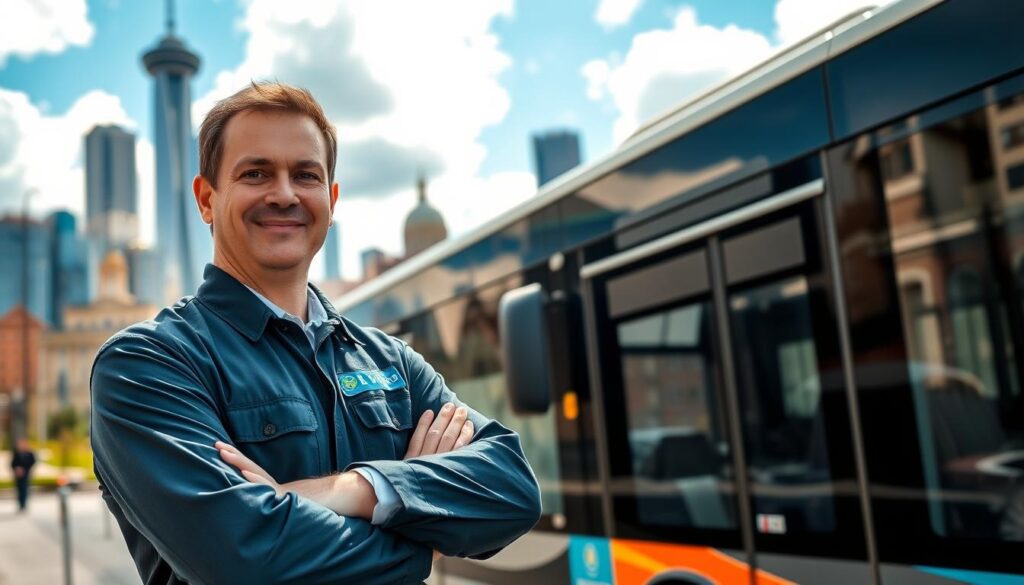 A city bus driver in Warsaw, Poland, is standing proudly next to a modern urban bus, wearing a crisp, professional uniform. The foreground captures the driver with a friendly expression, arms crossed, showcasing a sense of pride in their profession. In the middle ground, the vibrant cityscape of Warsaw is visible, with notable landmarks like skyscrapers and historical buildings adding context. The bus is adorned with official municipal colors and logos. The background features a clear blue sky with fluffy clouds, illuminated by bright daylight, creating a warm and inviting atmosphere. The image should convey a sense of community and professionalism, emphasizing the importance of public transport in urban life. A city bus driver in Warsaw, Poland, is standing proudly next to a modern urban bus, wearing a crisp, professional uniform. The foreground captures the driver with a friendly expression, arms crossed, showcasing a sense of pride in their profession. In the middle ground, the vibrant cityscape of Warsaw is visible, with notable landmarks like skyscrapers and historical buildings adding context. The bus is adorned with official municipal colors and logos. The background features a clear blue sky with fluffy clouds, illuminated by bright daylight, creating a warm and inviting atmosphere. The image should convey a sense of community and professionalism, emphasizing the importance of public transport in urban life.
