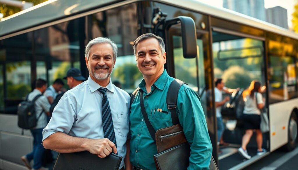 A city bus driver standing proudly beside a modern urban bus, showcasing the additional employee benefits. The foreground features the driver, a middle-aged person wearing professional attire, smiling and holding a briefcase, symbolizing job security and career growth. In the middle ground, passengers are boarding the bus, highlighting community support and teamwork. The background includes a bustling cityscape with greenery, reflecting a healthy work-life balance. Soft morning light bathes the scene, creating a warm and inviting atmosphere. The perspective is slightly angled to emphasize the bus and the driver, evoking a sense of pride and professionalism in public service. A city bus driver standing proudly beside a modern urban bus, showcasing the additional employee benefits. The foreground features the driver, a middle-aged person wearing professional attire, smiling and holding a briefcase, symbolizing job security and career growth. In the middle ground, passengers are boarding the bus, highlighting community support and teamwork. The background includes a bustling cityscape with greenery, reflecting a healthy work-life balance. Soft morning light bathes the scene, creating a warm and inviting atmosphere. The perspective is slightly angled to emphasize the bus and the driver, evoking a sense of pride and professionalism in public service.