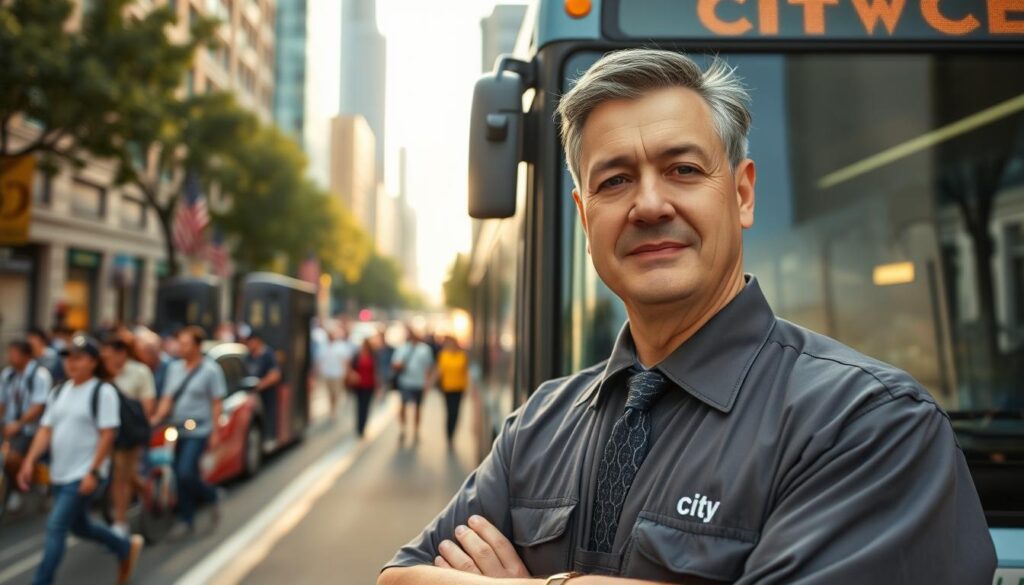 A city bus driver stands proudly in front of a modern city bus, showcasing dedication and professionalism. The foreground features the driver, a middle-aged individual dressed in a crisp, professional uniform with a visible city logo. In the middle ground, the bus is parked on a busy street filled with pedestrians, capturing a dynamic urban environment. The background includes city buildings and greenery, emphasizing a vibrant setting. The lighting is warm, suggesting a late afternoon sun casting soft shadows, creating an inviting atmosphere. The angle is slightly low to give a sense of importance to the driver and bus. The overall mood is optimistic and encouraging, reflecting the potential for career growth and better wages for city bus drivers. A city bus driver stands proudly in front of a modern city bus, showcasing dedication and professionalism. The foreground features the driver, a middle-aged individual dressed in a crisp, professional uniform with a visible city logo. In the middle ground, the bus is parked on a busy street filled with pedestrians, capturing a dynamic urban environment. The background includes city buildings and greenery, emphasizing a vibrant setting. The lighting is warm, suggesting a late afternoon sun casting soft shadows, creating an inviting atmosphere. The angle is slightly low to give a sense of importance to the driver and bus. The overall mood is optimistic and encouraging, reflecting the potential for career growth and better wages for city bus drivers.