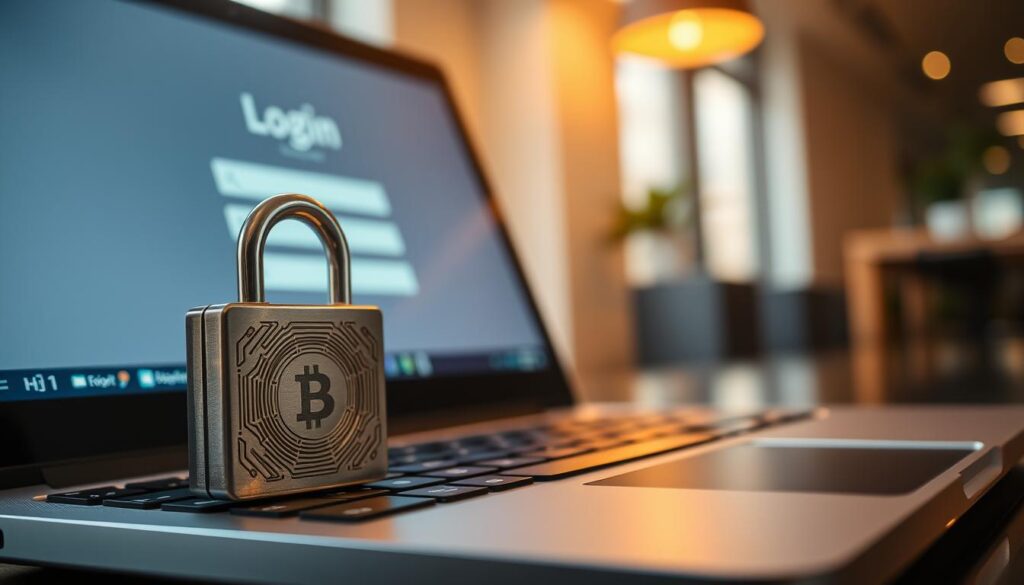 A close-up view of a digital padlock symbolizing cybersecurity, placed on a sleek laptop keyboard. The foreground features a shiny, metallic padlock with intricate circuit patterns engraved on its surface, reflecting soft ambient lighting that adds a sense of security and trust. In the middle ground, the laptop shows an illuminated screen displaying a blurred login interface filled with password fields. The background is a softly blurred modern office setting with warm, natural light streaming through a window, creating a professional and focused atmosphere. The image should convey a sense of vigilance and protection in the digital world, emphasizing the importance of secure passwords without the inclusion of any text or human figures.