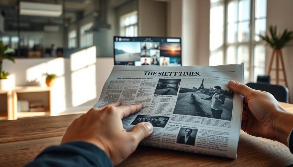 A close-up view of a newspaper article being published, showcasing a polished layout with columns of text and striking photographs. In the foreground, prominent hands are positioned, skillfully placing the article on a wooden desk, symbolizing the process of publication. The middle background features a modern office environment, with a computer screen displaying digital media, reflecting the integration of traditional and digital publishing. Soft, natural lighting floods the scene through a nearby window, casting gentle shadows and creating a warm, inviting atmosphere. A sense of professionalism and creativity prevails, capturing the essence of journalism and the art of article publication. The entire image conveys a motivational and inspiring mood, perfect for illustrating the importance of sharing insights through media. A close-up view of a newspaper article being published, showcasing a polished layout with columns of text and striking photographs. In the foreground, prominent hands are positioned, skillfully placing the article on a wooden desk, symbolizing the process of publication. The middle background features a modern office environment, with a computer screen displaying digital media, reflecting the integration of traditional and digital publishing. Soft, natural lighting floods the scene through a nearby window, casting gentle shadows and creating a warm, inviting atmosphere. A sense of professionalism and creativity prevails, capturing the essence of journalism and the art of article publication. The entire image conveys a motivational and inspiring mood, perfect for illustrating the importance of sharing insights through media.