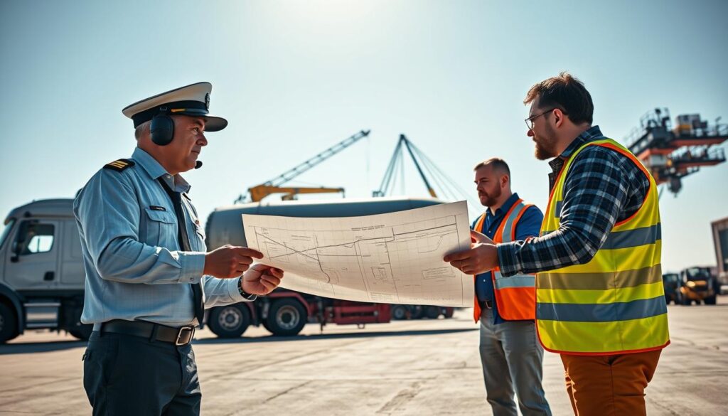 A collaborative scene depicting a team of professionals engaged in oversized cargo transport. In the foreground, three individuals – a pilot dressed in a smart uniform, a logistics coordinator in business attire, and a technician in a safety vest – are collaborating around a large blueprint, discussing the route and technical details. The middle layer features an oversized truck partially loaded with a massive cargo item, with cranes and other heavy machinery in action. In the background, a wide, clear sky reveals a transport hub with additional vehicles and workers. The mood is focused and professional, illuminated by bright daylight, with soft shadows created by the equipment. A slight low angle view captures the scale of the cargo and team effort, conveying the theme of teamwork in the transportation of oversized goods. A collaborative scene depicting a team of professionals engaged in oversized cargo transport. In the foreground, three individuals – a pilot dressed in a smart uniform, a logistics coordinator in business attire, and a technician in a safety vest – are collaborating around a large blueprint, discussing the route and technical details. The middle layer features an oversized truck partially loaded with a massive cargo item, with cranes and other heavy machinery in action. In the background, a wide, clear sky reveals a transport hub with additional vehicles and workers. The mood is focused and professional, illuminated by bright daylight, with soft shadows created by the equipment. A slight low angle view captures the scale of the cargo and team effort, conveying the theme of teamwork in the transportation of oversized goods.