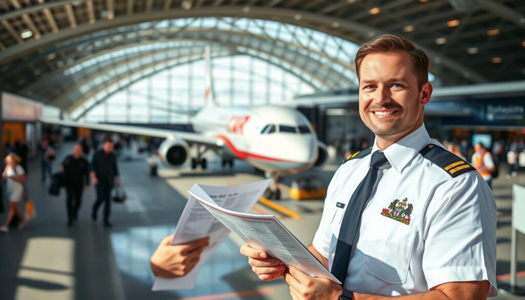 A confident airline pilot in a crisp, professional uniform stands in the foreground, holding a flight plan while looking toward an airplane at a busy airport. The pilot's uniform features a polished badge and a neat tie, radiating authority and professionalism. In the middle ground, a modern passenger aircraft from a popular Polish airline is parked at the gate, with its distinctive branding visible, gleaming under bright, natural lighting. The background showcases a vibrant airport terminal bustling with passengers and crew, adding life and context to the scene. The overall atmosphere is optimistic and energetic, highlighting the excitement of air travel. A slightly wide-angle view captures the scale and activity of the airport, with soft shadows enhancing the depth of the image.