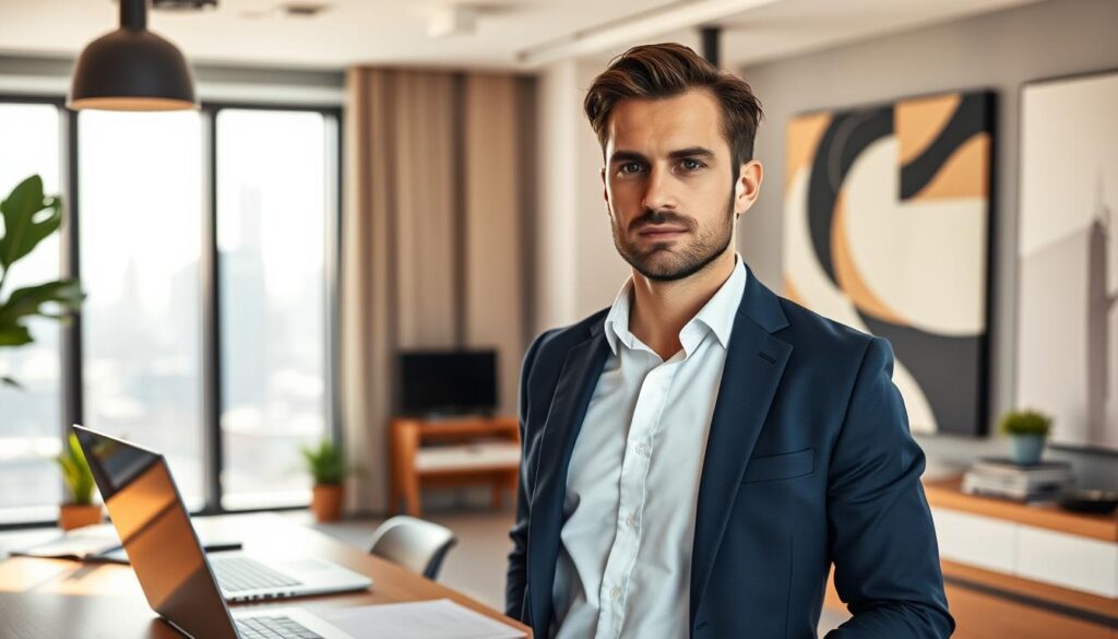 A confident and professional-looking male entrepreneur, Maciej Panek, stands in a well-lit modern office, exuding a sense of integrity and determination. He is dressed in a tailored navy suit and a crisp white shirt, symbolizing his values of professionalism and commitment. In the foreground, a sleek wooden desk with a laptop, business books, and a green plant adds to the ambiance. The middle ground features large windows with a city skyline, representing ambition and success. Soft sunlight streams in, creating a warm atmosphere that highlights his thoughtful expression. The background includes abstract art that hints at innovation and creativity, enveloping the scene in a mood of optimism and purpose. The image is captured from a slight angle, enhancing the depth and focus on Maciej Panek and his business philosophy.