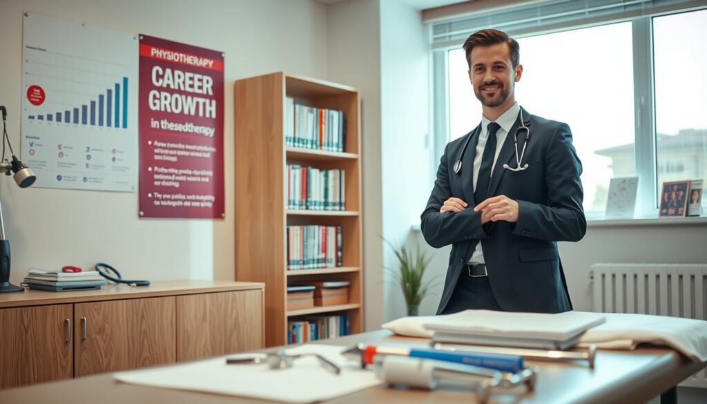 A confident physiotherapist in a smart business outfit, standing in a well-lit, modern clinic. They are engaged in a discussion with a patient, showcasing a poster on a wall that highlights career growth opportunities in physiotherapy. In the foreground, medical tools and physiotherapy equipment are neatly arranged on a table. The middle ground features a large window with natural light illuminating the room, while a bookshelf filled with professional development books can be seen in the background. The atmosphere is professional yet inviting, emphasizing the importance of career advancement and increased earnings in the field of physiotherapy. The image should be captured from a slightly elevated angle, creating a dynamic and engaging perspective. A confident physiotherapist in a smart business outfit, standing in a well-lit, modern clinic. They are engaged in a discussion with a patient, showcasing a poster on a wall that highlights career growth opportunities in physiotherapy. In the foreground, medical tools and physiotherapy equipment are neatly arranged on a table. The middle ground features a large window with natural light illuminating the room, while a bookshelf filled with professional development books can be seen in the background. The atmosphere is professional yet inviting, emphasizing the importance of career advancement and increased earnings in the field of physiotherapy. The image should be captured from a slightly elevated angle, creating a dynamic and engaging perspective.