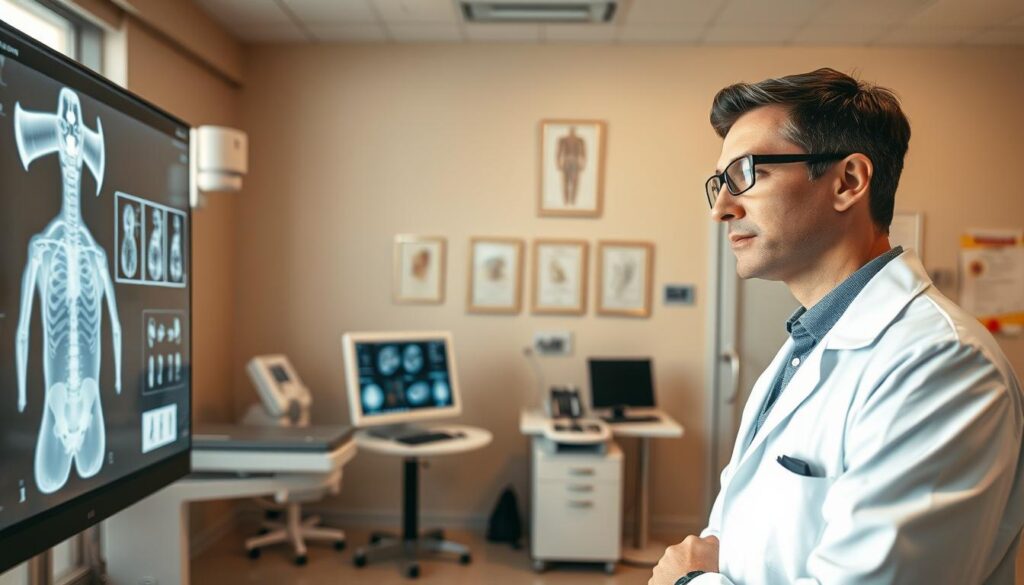 A confident radiologist, dressed in a professional white lab coat and safety glasses, is examining radiological images on a digital screen in a modern medical office. The foreground features the radiologist focusing intently, with a holographic projection of scanned images hovering beside them. In the middle ground, an advanced x-ray machine and various medical equipment subtly indicate a high-tech environment. The background showcases a sleek, well-lit office with anatomical charts and certificates on the walls, suggesting professionalism and expertise. Soft, natural lighting filters through a large window, creating a calm and inviting atmosphere. The overall mood is one of dedication and competence, emphasizing the intellectual pursuit of medicine and the rewards of a career in radiology.