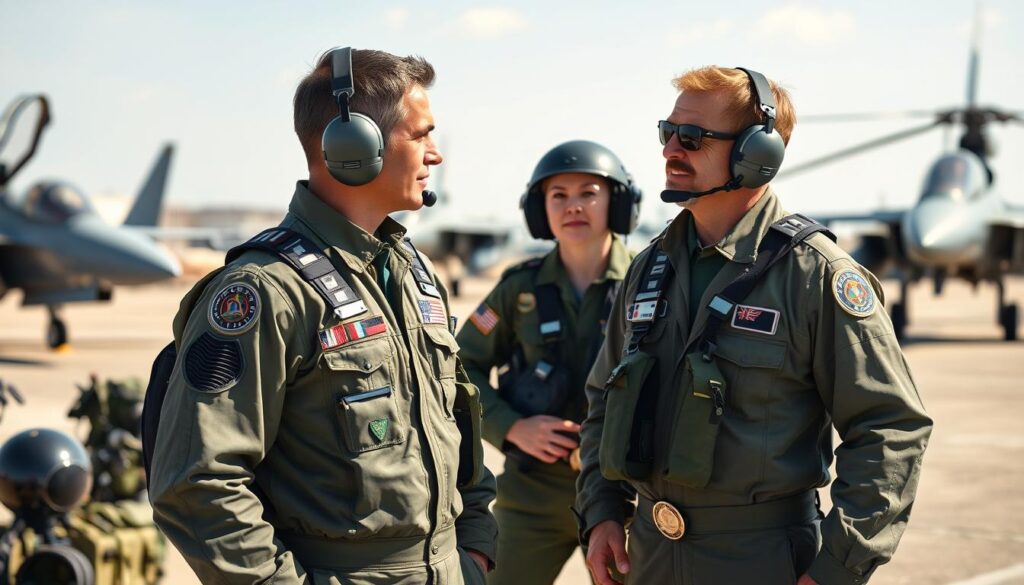 A detailed and engaging scene showcasing military pilots' benefits and allowances. In the foreground, two military pilots in professional attire, discussing amongst themselves with a backdrop of their aircraft, emphasizing camaraderie and teamwork. In the middle ground, equipment and gear that signify the additional benefits they receive, such as flight suits, flight helmets, and advanced navigation tools. The background features an airbase with jets and helicopters ready for takeoff, underscoring the action and urgency of military aviation. The lighting is bright and natural, capturing the essence of a sunny day. The overall mood is one of pride and professionalism, reflecting the dedication and rewards associated with military pilots.