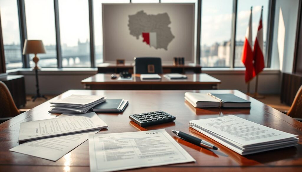 A detailed composition illustrating the components of the salary of the President of Poland. In the foreground, a polished wooden desk is strewn with official documents, a calculator, and a pen, symbolizing financial aspects. In the middle ground, an elegant office setting features a large map of Poland and a subtle display of national symbols, embodying leadership and responsibility. The background includes large windows with a view of the Warsaw skyline, allowing natural light to fill the space, creating a bright and professional atmosphere. Soft shadows and warm lighting enhance the mood, conveying both authority and transparency. The scene presents a sense of seriousness and professionalism, showcasing the importance of the presidential salary structure without any text or distractions. A detailed composition illustrating the components of the salary of the President of Poland. In the foreground, a polished wooden desk is strewn with official documents, a calculator, and a pen, symbolizing financial aspects. In the middle ground, an elegant office setting features a large map of Poland and a subtle display of national symbols, embodying leadership and responsibility. The background includes large windows with a view of the Warsaw skyline, allowing natural light to fill the space, creating a bright and professional atmosphere. Soft shadows and warm lighting enhance the mood, conveying both authority and transparency. The scene presents a sense of seriousness and professionalism, showcasing the importance of the presidential salary structure without any text or distractions.