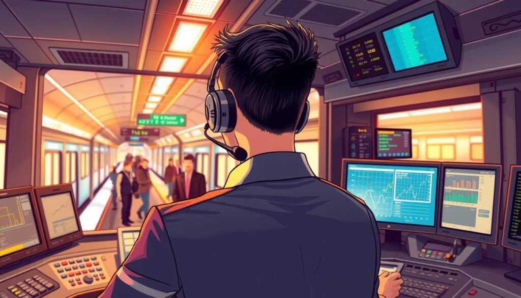 A detailed illustration depicting a metro train operator in a modern subway control room. In the foreground, a focused operator in professional attire, wearing a headset and analyzing data on multiple screens, radiates a sense of diligence and expertise. In the middle ground, various advanced control panels and train operation monitors highlight the technology used. In the background, a soft-lit view of the bustling subway platform with commuters waiting adds vibrancy to the scene. The lighting is warm and inviting, reminiscent of a busy day at work. The overall mood conveys professionalism with an emphasis on the financial benefits related to the role, showcasing a rewarding and dynamic atmosphere without any text or identifiers. A detailed illustration depicting a metro train operator in a modern subway control room. In the foreground, a focused operator in professional attire, wearing a headset and analyzing data on multiple screens, radiates a sense of diligence and expertise. In the middle ground, various advanced control panels and train operation monitors highlight the technology used. In the background, a soft-lit view of the bustling subway platform with commuters waiting adds vibrancy to the scene. The lighting is warm and inviting, reminiscent of a busy day at work. The overall mood conveys professionalism with an emphasis on the financial benefits related to the role, showcasing a rewarding and dynamic atmosphere without any text or identifiers.