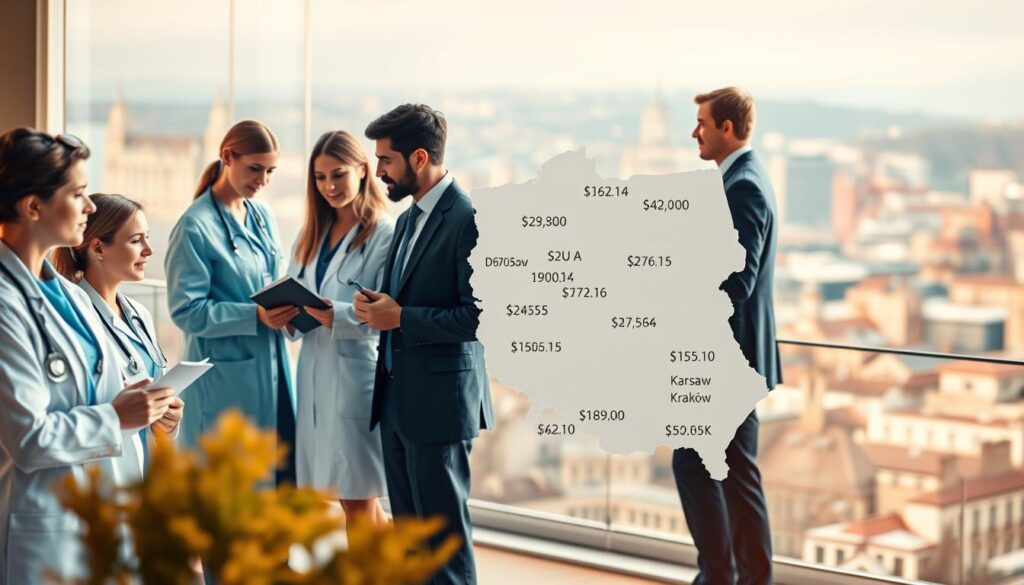 A detailed illustration depicting the average salaries of medical residents across various regions in Poland. In the foreground, feature a variety of medical residents in professional attire, engaged in discussions or reviewing documents, showcasing diversity in gender and ethnicity. In the middle ground, include a map of Poland, with different regions highlighted, each marked with varying salary amounts, represented graphically or through infographics. The background should consist of a soft-focus urban landscape, hinting at different cities like Warsaw, Kraków, and Gdańsk. Utilize warm lighting to create an inviting atmosphere, with a slight emphasis on clarity and professionalism. Use a shallow depth of field to make the residents and the map the focal point, while softly blurring the background. This image should encapsulate the impact of location on the earnings of medical residents in Poland.