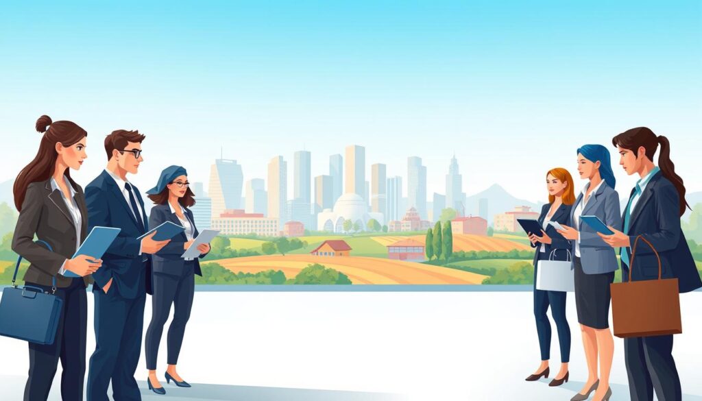 A detailed illustration showing the varying salaries of radiologic technicians in different locations. In the foreground, a diverse group of professionals in smart business attire represents radiologic technicians engaged in discussions, holding briefcases and tablets. In the middle ground, iconic city skylines and rural landscapes subtly blend, showcasing different environments such as an urban hospital, a suburban clinic, and a rural health center. The background features a clear blue sky, symbolizing opportunity. Soft, warm lighting casts a professional yet inviting atmosphere. The image should convey a sense of comparison and exploration, highlighting the influence of geographic location on salaries within the radiology field, without any text or additional elements.
