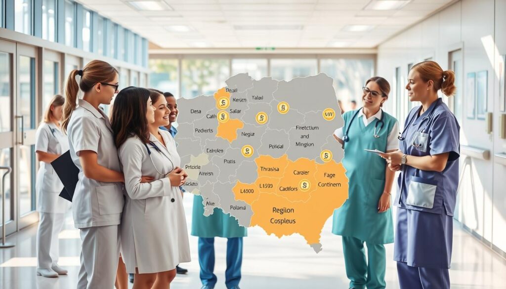 A detailed infographic depicting local salary differences for nurses in Poland in 2026. In the foreground, a diverse group of nurses in professional attire, representing various regions of Poland, engaged in discussion, analyzing charts, and maps showcasing salary statistics. In the middle ground, a large map of Poland with highlighted regions indicating varying salary levels, accompanied by symbols such as coins or wage graphs to illustrate disparities. The background features a hospital setting, with bright, natural lighting flowing in from large windows, creating an optimistic atmosphere. Use a crisp, high-resolution image with a focus on clarity and professionalism, ensuring the overall tone is informative and engaging. A detailed infographic depicting local salary differences for nurses in Poland in 2026. In the foreground, a diverse group of nurses in professional attire, representing various regions of Poland, engaged in discussion, analyzing charts, and maps showcasing salary statistics. In the middle ground, a large map of Poland with highlighted regions indicating varying salary levels, accompanied by symbols such as coins or wage graphs to illustrate disparities. The background features a hospital setting, with bright, natural lighting flowing in from large windows, creating an optimistic atmosphere. Use a crisp, high-resolution image with a focus on clarity and professionalism, ensuring the overall tone is informative and engaging.