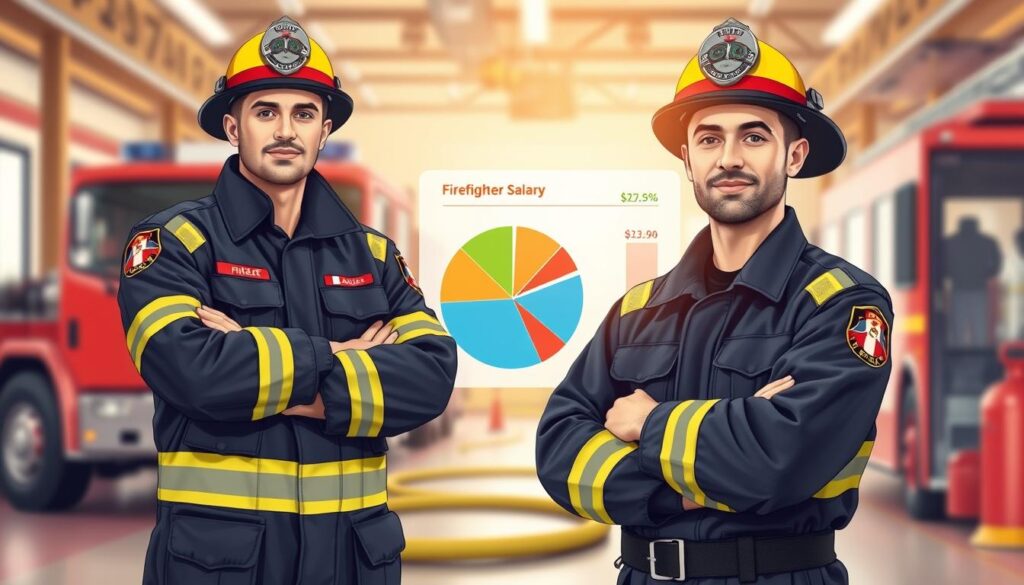A detailed, informative illustration showcasing the structure of firefighters' salaries in Poland. In the foreground, depict a professional firefighter in a uniform, standing confidently with arms crossed, conveying dedication and pride. In the middle ground, incorporate a pie chart or bar graph, visually representing different salary components, such as base salary, overtime, and bonuses, in vibrant colors. In the background, include a fire station context with subtle details like fire trucks and equipment. Use soft, natural lighting to create a warm and inviting atmosphere, emphasizing professionalism and teamwork. The image should be well-composed and crisp, focusing on clarity and educational value. Ensure the scene feels motivational and relatable, reflecting the firefighter's important role in society. A detailed, informative illustration showcasing the structure of firefighters' salaries in Poland. In the foreground, depict a professional firefighter in a uniform, standing confidently with arms crossed, conveying dedication and pride. In the middle ground, incorporate a pie chart or bar graph, visually representing different salary components, such as base salary, overtime, and bonuses, in vibrant colors. In the background, include a fire station context with subtle details like fire trucks and equipment. Use soft, natural lighting to create a warm and inviting atmosphere, emphasizing professionalism and teamwork. The image should be well-composed and crisp, focusing on clarity and educational value. Ensure the scene feels motivational and relatable, reflecting the firefighter's important role in society.