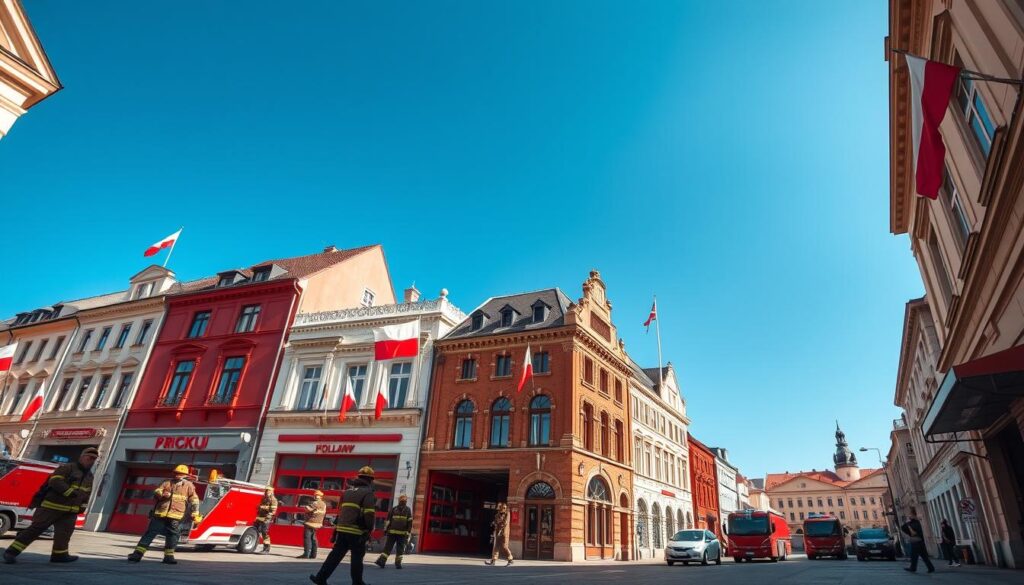 A detailed landscape featuring fire stations in various Polish cities, such as Warsaw, Kraków, and Wrocław, each displaying the respective fire service's building style and environment. In the foreground, include professional firefighters in firefighting uniforms engaged in their daily activities, showcasing teamwork and dedication. The middle ground should highlight the distinct architecture of the fire stations, adorned with the flags of Poland and local municipalities. In the background, a clear blue sky casts natural sunlight over the scene, enhancing the vibrant colors of the buildings. Use a wide-angle lens perspective to capture the essence of each city while emphasizing the importance of the fire service. The atmosphere should convey a sense of community pride and professional commitment, reflecting the pay scale of firefighters in these diverse urban settings. A detailed landscape featuring fire stations in various Polish cities, such as Warsaw, Kraków, and Wrocław, each displaying the respective fire service's building style and environment. In the foreground, include professional firefighters in firefighting uniforms engaged in their daily activities, showcasing teamwork and dedication. The middle ground should highlight the distinct architecture of the fire stations, adorned with the flags of Poland and local municipalities. In the background, a clear blue sky casts natural sunlight over the scene, enhancing the vibrant colors of the buildings. Use a wide-angle lens perspective to capture the essence of each city while emphasizing the importance of the fire service. The atmosphere should convey a sense of community pride and professional commitment, reflecting the pay scale of firefighters in these diverse urban settings.