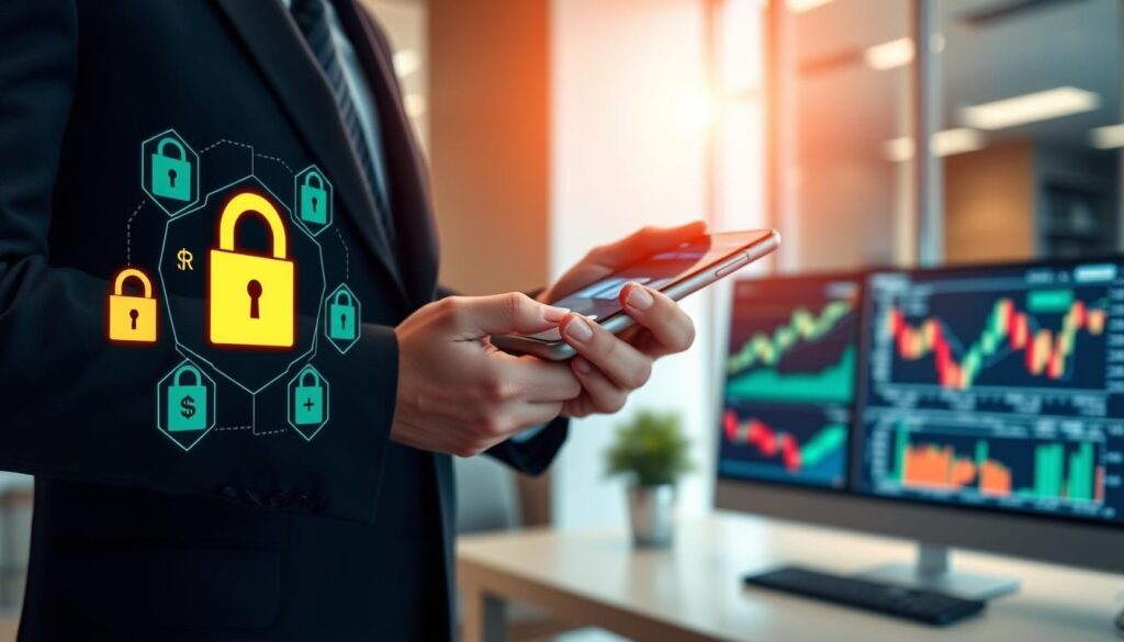 A digital wallet interface prominently displayed in the foreground, featuring secure transaction icons like locks and shields. To the side, a hand reaching for a smartphone, showing a cryptocurrency exchange app, dressed in a tailored suit. In the middle ground, a glowing computer screen with charts illustrating cryptocurrency trends and market data, representing online transactions. The background exhibits a well-lit, modern office environment with subtle reflections of data streams crossing the walls, creating a sense of security and innovation. The lighting is warm and inviting, highlighting professionalism and trust. The mood is focused and confident, emphasizing the importance of secure online transactions in the cryptocurrency world.