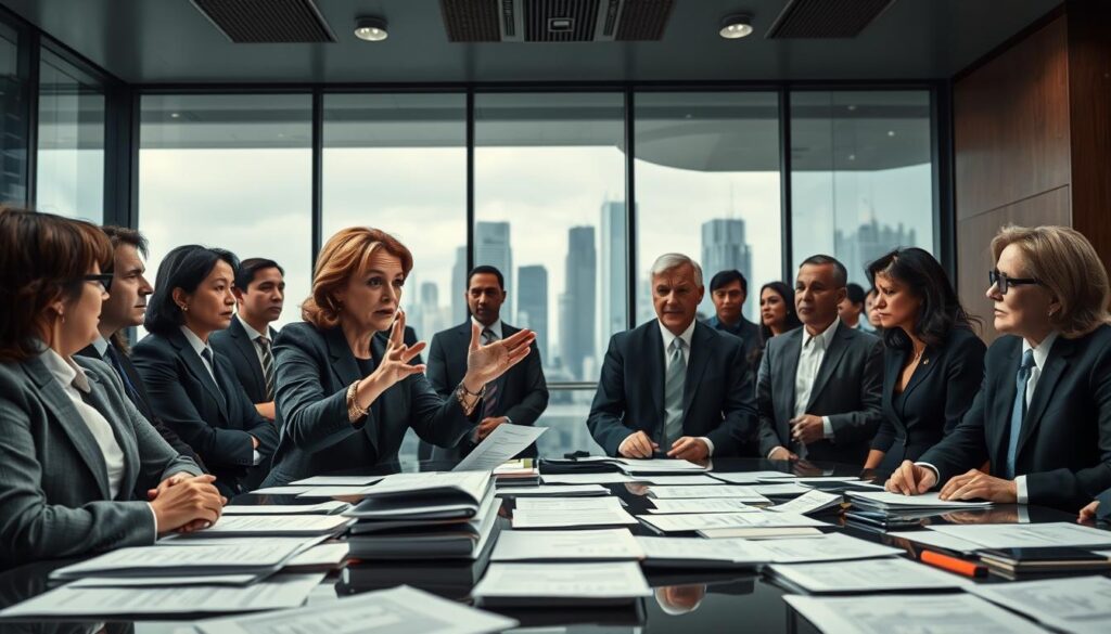 A dramatic boardroom scene depicting a group of diverse, professional figures in business attire engaged in a heated discussion about the controversies surrounding presidential salaries. In the foreground, a middle-aged woman gestures emphatically, while a younger man listens intently. In the middle ground, a large table is strewn with financial documents and reports, symbolizing the complexity of the topic. The background features a sleek modern office with large windows revealing a city skyline, suggesting a politically charged atmosphere. Soft, focused lighting highlights the participants' expressions, intensifying the mood of debate and concern. The angle is slightly overhead, allowing for a comprehensive view of the discussion dynamics without including any text or branding. A dramatic boardroom scene depicting a group of diverse, professional figures in business attire engaged in a heated discussion about the controversies surrounding presidential salaries. In the foreground, a middle-aged woman gestures emphatically, while a younger man listens intently. In the middle ground, a large table is strewn with financial documents and reports, symbolizing the complexity of the topic. The background features a sleek modern office with large windows revealing a city skyline, suggesting a politically charged atmosphere. Soft, focused lighting highlights the participants' expressions, intensifying the mood of debate and concern. The angle is slightly overhead, allowing for a comprehensive view of the discussion dynamics without including any text or branding.