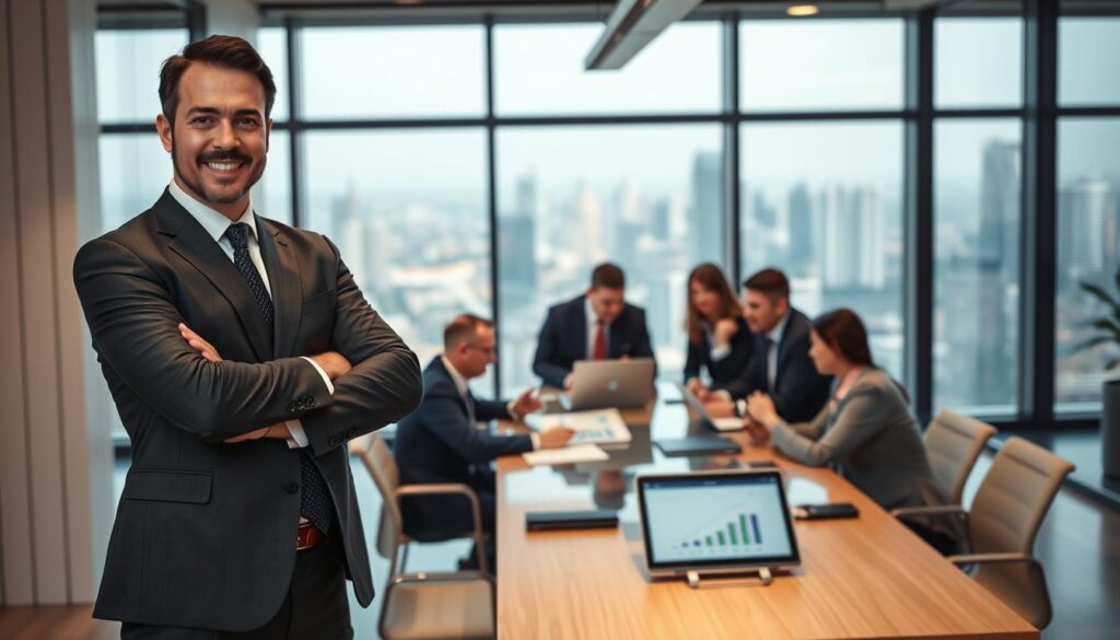 A dynamic business environment illustrating the concept of leadership in entrepreneurship. In the foreground, a confident leader in a tailored suit, standing with arms crossed, exudes authority while engaging with a diverse team of professionals gathered around a modern conference table. In the middle ground, the team members, dressed in professional business attire, are actively discussing ideas, with a digital tablet and laptops displaying graphs and plans. The background features a sleek office space with large windows revealing a bustling cityscape, symbolizing ambition and growth. Soft, natural lighting illuminates the scene, creating an atmosphere of collaboration and innovation, emphasizing the pivotal role of a leader in guiding their team toward success. A dynamic business environment illustrating the concept of leadership in entrepreneurship. In the foreground, a confident leader in a tailored suit, standing with arms crossed, exudes authority while engaging with a diverse team of professionals gathered around a modern conference table. In the middle ground, the team members, dressed in professional business attire, are actively discussing ideas, with a digital tablet and laptops displaying graphs and plans. The background features a sleek office space with large windows revealing a bustling cityscape, symbolizing ambition and growth. Soft, natural lighting illuminates the scene, creating an atmosphere of collaboration and innovation, emphasizing the pivotal role of a leader in guiding their team toward success.