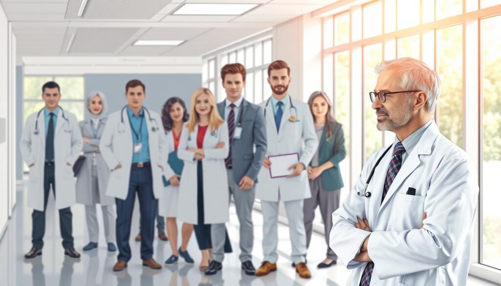 A dynamic illustration depicting a doctor at various stages of their career in Poland, focusing on their experience and salary evolution. In the foreground, a mid-career doctor in a crisp white coat is interacting with a patient in a friendly consultation setting, while behind them, an experienced physician with several years of practice observes, showcasing a sense of wisdom and professionalism. The middle ground features a diverse group of doctors in varying stages of their careers, each represented by visual symbols of their experience, like diplomas or badges signifying years of service. The background includes a modern hospital or clinic environment with natural lighting streaming in through large windows, creating a positive and uplifting atmosphere, emphasizing growth and ambition. The scene is framed to highlight the progression from novice to expert, evoking a sense of professionalism and dedication. A dynamic illustration depicting a doctor at various stages of their career in Poland, focusing on their experience and salary evolution. In the foreground, a mid-career doctor in a crisp white coat is interacting with a patient in a friendly consultation setting, while behind them, an experienced physician with several years of practice observes, showcasing a sense of wisdom and professionalism. The middle ground features a diverse group of doctors in varying stages of their careers, each represented by visual symbols of their experience, like diplomas or badges signifying years of service. The background includes a modern hospital or clinic environment with natural lighting streaming in through large windows, creating a positive and uplifting atmosphere, emphasizing growth and ambition. The scene is framed to highlight the progression from novice to expert, evoking a sense of professionalism and dedication.