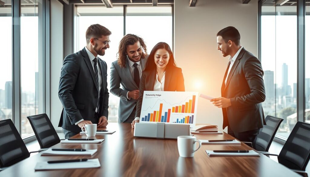 A dynamic office environment showcasing a business meeting about dropshipping profits and revenue projections. In the foreground, a diverse group of three professionals (two men and one woman) in business attire, discussing a laptop displaying vibrant graphs and charts representing revenue growth. The middle ground features a modern conference table adorned with notepads, pens, and coffee cups, exuding a productive atmosphere. In the background, large windows allowing natural sunlight to filter in, highlighting a city skyline to convey a sense of opportunity. The lighting is bright and inviting, enhancing the focus on collaboration and determination. The overall mood is upbeat and professional, reflecting the potential of financial success in dropshipping. A dynamic office environment showcasing a business meeting about dropshipping profits and revenue projections. In the foreground, a diverse group of three professionals (two men and one woman) in business attire, discussing a laptop displaying vibrant graphs and charts representing revenue growth. The middle ground features a modern conference table adorned with notepads, pens, and coffee cups, exuding a productive atmosphere. In the background, large windows allowing natural sunlight to filter in, highlighting a city skyline to convey a sense of opportunity. The lighting is bright and inviting, enhancing the focus on collaboration and determination. The overall mood is upbeat and professional, reflecting the potential of financial success in dropshipping.