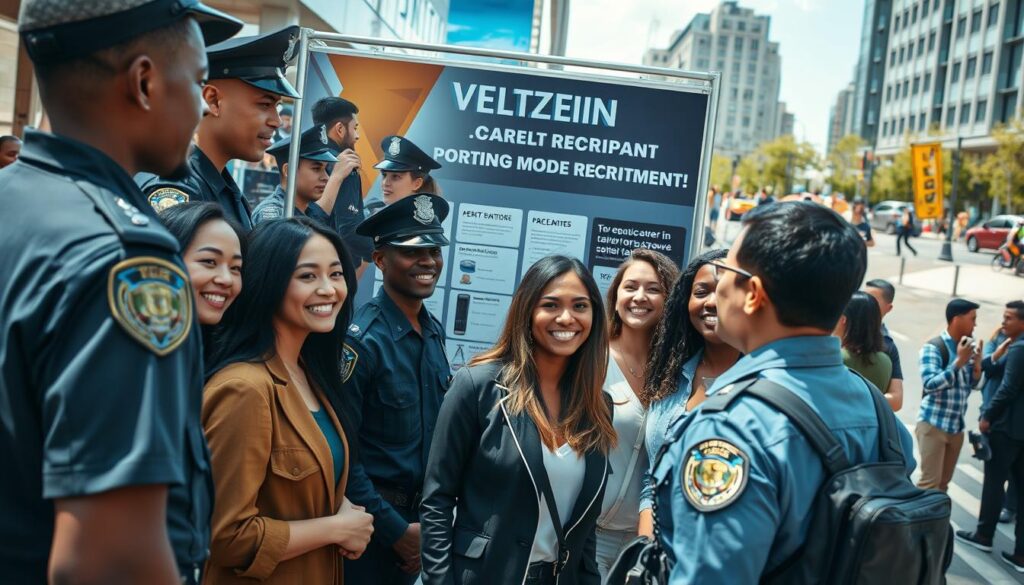 A dynamic scene capturing a police recruitment event in a modern setting. In the foreground, a diverse group of young adults in professional attire, eagerly engaging with officers in uniform. Their expressions convey enthusiasm and determination. In the middle, a polished police booth adorned with informational materials and banners promoting a career in law enforcement. The background features an urban environment, with a bright sky and community members interacting, suggesting a supportive atmosphere. The lighting is bright and inviting, creating a hopeful ambiance. The composition is shot from a slightly elevated angle, emphasizing the connection between the recruits and officers, highlighting the theme of employment opportunities within the police force. A dynamic scene capturing a police recruitment event in a modern setting. In the foreground, a diverse group of young adults in professional attire, eagerly engaging with officers in uniform. Their expressions convey enthusiasm and determination. In the middle, a polished police booth adorned with informational materials and banners promoting a career in law enforcement. The background features an urban environment, with a bright sky and community members interacting, suggesting a supportive atmosphere. The lighting is bright and inviting, creating a hopeful ambiance. The composition is shot from a slightly elevated angle, emphasizing the connection between the recruits and officers, highlighting the theme of employment opportunities within the police force.