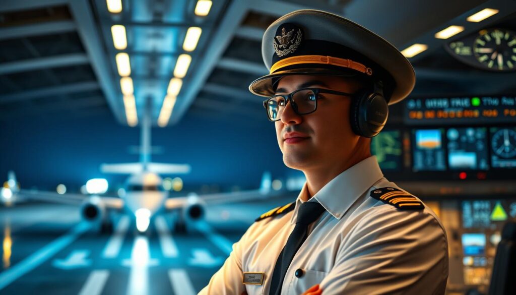 A dynamic scene showcasing a professional airline pilot standing confidently in the foreground, dressed in a crisp, smart uniform with a pilot's hat. In the middle ground, a modern cockpit featuring advanced flight instruments and screens illuminates the environment with soft, ambient lighting. The background reveals a bustling airport runway with an airplane preparing for takeoff, symbolizing upward career growth. The mood is aspirational and optimistic, highlighting the rewarding prospects in aviation. The perspective captures a slight upward angle, emphasizing ambition and the vast opportunities in the pilot profession. The lighting is bright and vibrant, conveying a sense of hope and future success in a career as a pilot.