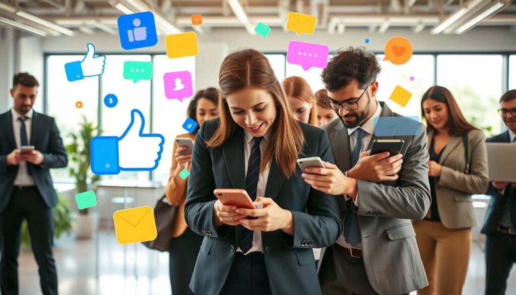 A dynamic social media scene showcasing the concept of promoting a Facebook group. In the foreground, a diverse group of people, dressed in professional business attire, are actively engaging with their smartphones and laptops, demonstrating teamwork and collaboration. The middle ground features vibrant social media icons and elements like thumbs-up, shared posts, and notifications, symbolizing growth and interaction. The background shows a bright, modern office environment with large windows letting in natural light, creating an inspiring atmosphere. The composition should be shot from a slightly elevated angle to capture the group's enthusiasm, with soft, warm lighting to evoke a positive, motivating mood. A dynamic social media scene showcasing the concept of promoting a Facebook group. In the foreground, a diverse group of people, dressed in professional business attire, are actively engaging with their smartphones and laptops, demonstrating teamwork and collaboration. The middle ground features vibrant social media icons and elements like thumbs-up, shared posts, and notifications, symbolizing growth and interaction. The background shows a bright, modern office environment with large windows letting in natural light, creating an inspiring atmosphere. The composition should be shot from a slightly elevated angle to capture the group's enthusiasm, with soft, warm lighting to evoke a positive, motivating mood.