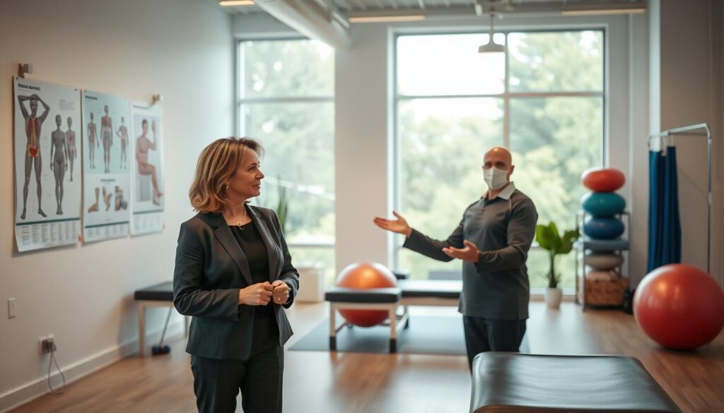 A focused scene depicting a physical therapist in a well-lit, modern clinic setting. In the foreground, the therapist, a middle-aged woman in professional business attire, is consulting with a client while pointing to anatomical charts on the wall. The middle ground features therapy equipment like resistance bands, exercise balls, and treatment tables, illustrating various services offered. The background showcases large windows allowing natural light to fill the space, creating a warm and inviting atmosphere. The overall mood conveys professionalism, dedication, and a supportive environment. The image should capture the essence of additional income sources for therapists, such as workshops or online consultations, without using any text or captions. A focused scene depicting a physical therapist in a well-lit, modern clinic setting. In the foreground, the therapist, a middle-aged woman in professional business attire, is consulting with a client while pointing to anatomical charts on the wall. The middle ground features therapy equipment like resistance bands, exercise balls, and treatment tables, illustrating various services offered. The background showcases large windows allowing natural light to fill the space, creating a warm and inviting atmosphere. The overall mood conveys professionalism, dedication, and a supportive environment. The image should capture the essence of additional income sources for therapists, such as workshops or online consultations, without using any text or captions.