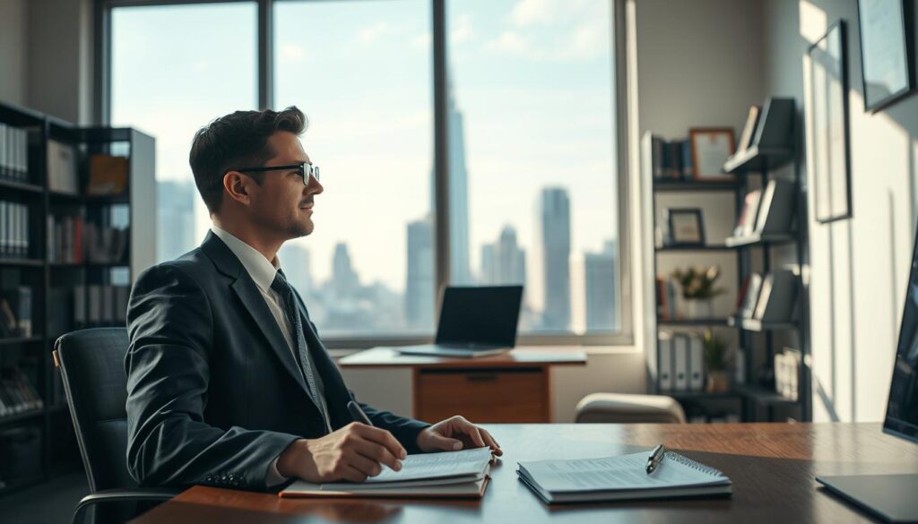 A focused scene depicting a psychologist's office, where the challenges faced by psychologists in the job market are visually represented. In the foreground, a psychologist in professional business attire is seated at a desk, looking contemplative with a notepad filled with notes. In the middle ground, a large window reveals a bustling cityscape, symbolizing the competitive nature of the job market. The background features shelves filled with psychology books and certificates, emphasizing professionalism. The lighting is soft, creating a calm and thoughtful atmosphere, while shadows play subtly across the room. The lens captures a slightly wide angle, providing depth and context to this reflective environment that portrays both opportunity and challenge in the psychology profession.