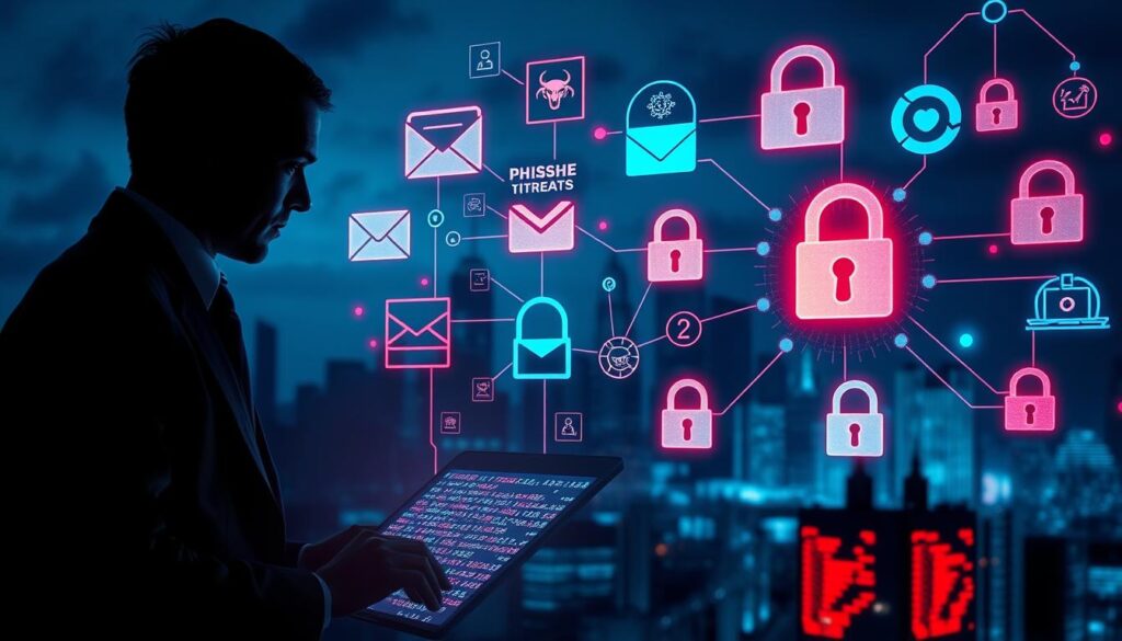 A foreboding digital landscape illustrating the concept of login threats and login attacks. In the foreground, a silhouette of a person in professional business attire, looking at a glowing computer screen filled with data code and alert symbols. In the middle ground, diverse visual representations of login threats like phishing emails, malware icons, and padlocks under duress, all connected by swirling digital lines. The background features a dark, slightly blurred city skyline representing the virtual world. Use cool, intense lighting with blue and red hues to create a tense atmosphere, evoking a sense of urgency and caution. The camera angle focuses slightly upward, emphasizing the towering presence of the cyber threats in this modern landscape.