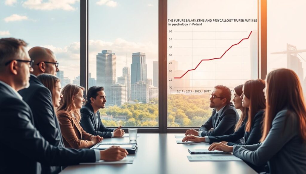 A forward-looking image depicting the future of psychology in Poland. In the foreground, a diverse group of professionals, including men and women of various ethnic backgrounds, dressed in professional business attire, engaged in a collaborative discussion around a table. In the middle, a large window reveals a vibrant city skyline symbolizing growth and opportunity, with modern buildings and greenery. Soft, natural lighting filters through the window, casting a warm, optimistic glow. In the background, a digital graph displaying rising salary trends and career opportunities in psychology in Poland enhances the sense of progress. The atmosphere is professional yet hopeful, showcasing a bright future in the field of psychology.