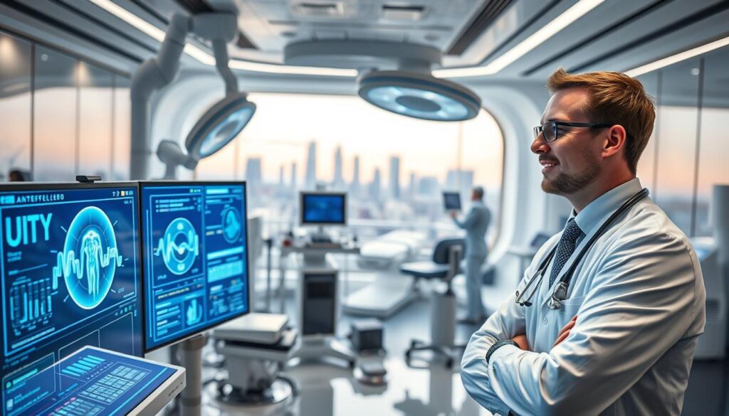 A futuristic anesthesiology clinic in Poland, showcasing advanced technology and innovation. In the foreground, a well-dressed anesthesiologist confidently monitors a high-tech patient interface, featuring holographic displays that visualize patient data. The middle ground includes a state-of-the-art operating room with sleek instruments and robotic systems aiding in anesthesia delivery. Background elements should showcase a panoramic view of a modern Polish city skyline, hinting at the bright future of healthcare. Soft, ambient lighting fills the room, highlighting the professionalism and energy of the environment. The overall mood is optimistic and forward-looking, emphasizing the promising prospects for anesthesiologists in Poland. A futuristic anesthesiology clinic in Poland, showcasing advanced technology and innovation. In the foreground, a well-dressed anesthesiologist confidently monitors a high-tech patient interface, featuring holographic displays that visualize patient data. The middle ground includes a state-of-the-art operating room with sleek instruments and robotic systems aiding in anesthesia delivery. Background elements should showcase a panoramic view of a modern Polish city skyline, hinting at the bright future of healthcare. Soft, ambient lighting fills the room, highlighting the professionalism and energy of the environment. The overall mood is optimistic and forward-looking, emphasizing the promising prospects for anesthesiologists in Poland.