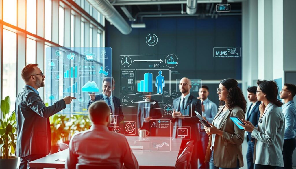A futuristic business environment showcasing the diverse applications of Augmented Reality across various industries. In the foreground, a diverse group of professionals in business attire collaborates around a holographic display, featuring virtual data and 3D models relevant to sectors like healthcare, education, and manufacturing. The middle ground presents interactive AR interfaces overlaying real-world objects, such as a medical professional examining a digital patient chart and an educator using AR to teach students. In the background, a modern office space with large windows allows natural light to pour in, enhancing the vibrant atmosphere of innovation and clarity. The overall mood is dynamic and optimistic, capturing the exciting future of AR in business.