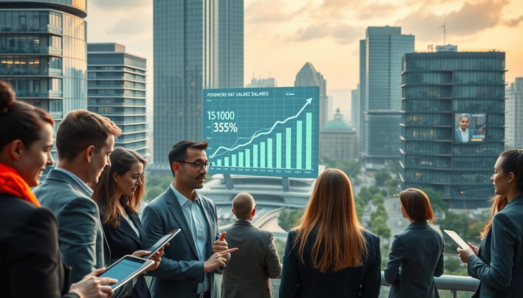A futuristic cityscape in Poland, showcasing the evolution of local government salaries. In the foreground, a group of diverse professionals in business attire, engaged in discussion, analyzing data on tablets. In the middle ground, a large digital display board shows upward trends in salary graphs and financial statistics. The background features modern architectural buildings representing municipal offices, with green spaces and energy-efficient designs. Soft, warm lighting illuminates the scene, creating a hopeful and dynamic atmosphere. The camera angle is slightly elevated, providing a panoramic view of the vibrant city, conveying the optimistic outlook for future municipal compensation. A futuristic cityscape in Poland, showcasing the evolution of local government salaries. In the foreground, a group of diverse professionals in business attire, engaged in discussion, analyzing data on tablets. In the middle ground, a large digital display board shows upward trends in salary graphs and financial statistics. The background features modern architectural buildings representing municipal offices, with green spaces and energy-efficient designs. Soft, warm lighting illuminates the scene, creating a hopeful and dynamic atmosphere. The camera angle is slightly elevated, providing a panoramic view of the vibrant city, conveying the optimistic outlook for future municipal compensation.