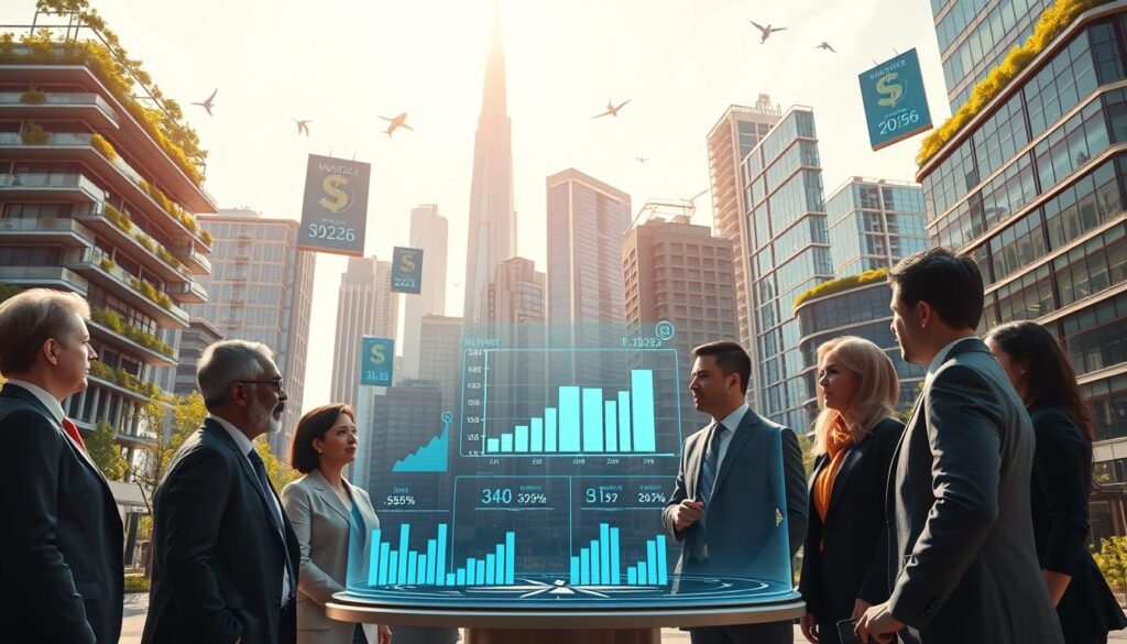 A futuristic cityscape representing the evolution of municipal council remuneration in 2026. In the foreground, a group of diverse individuals in professional business attire, including men and women of varying ages and ethnicities, engaged in a discussion around a holographic display showcasing salary graphs and financial data. In the middle ground, modern office buildings with eco-friendly architecture stretch up towards the sky, designed with integrated green spaces and solar panels. The background features a bright, clear sky with floating digital billboards displaying futuristic financial trends and symbols of governance. The warm, optimistic lighting casts a hopeful atmosphere, emphasizing progress and innovation in local governance. Use a wide-angle lens for a dynamic perspective. A futuristic cityscape representing the evolution of municipal council remuneration in 2026. In the foreground, a group of diverse individuals in professional business attire, including men and women of varying ages and ethnicities, engaged in a discussion around a holographic display showcasing salary graphs and financial data. In the middle ground, modern office buildings with eco-friendly architecture stretch up towards the sky, designed with integrated green spaces and solar panels. The background features a bright, clear sky with floating digital billboards displaying futuristic financial trends and symbols of governance. The warm, optimistic lighting casts a hopeful atmosphere, emphasizing progress and innovation in local governance. Use a wide-angle lens for a dynamic perspective.