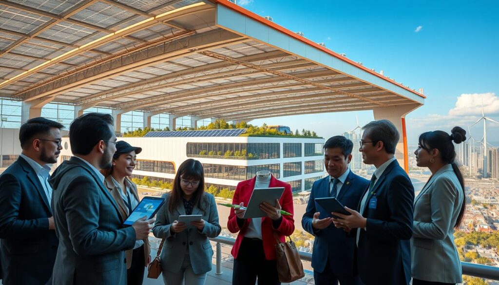 A futuristic logistics center symbolizing Alibaba's commitment to eco-friendly practices and sustainable development. In the foreground, a diverse group of professionals in smart casual attire, discussing logistics with digital tablets and green technologies. The middle layer features a sleek, modern warehouse with solar panels and greenery integrated into its design, showcasing innovative eco-friendly delivery methods, like electric vehicles and drones. In the background, a cityscape with wind turbines and clear blue skies, emphasizing a harmonious balance between urban development and nature. The scene is illuminated with warm, natural lighting, creating an optimistic and forward-thinking atmosphere. The angle captures the dynamic interaction between technology and sustainability in a vibrant, collaborative environment.