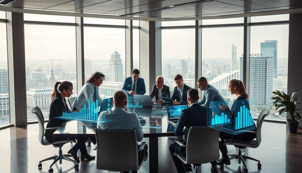 A futuristic office environment showcasing the impact of technology investments in the IT sector in Poland. In the foreground, a diverse team of professionals in business attire collaborates around a sleek conference table, analyzing data on laptops and digital displays. The middle ground features advanced technology such as holographic projections of graphs and charts, representing growth trends and innovation in the IT industry. In the background, large windows reveal a panoramic view of a modern cityscape with iconic Polish architecture, symbolizing progress and development. Soft, natural lighting filters through the windows, creating a bright and optimistic atmosphere. The composition emphasizes teamwork, innovation, and the forward-thinking nature of the Polish IT sector in 2026. A futuristic office environment showcasing the impact of technology investments in the IT sector in Poland. In the foreground, a diverse team of professionals in business attire collaborates around a sleek conference table, analyzing data on laptops and digital displays. The middle ground features advanced technology such as holographic projections of graphs and charts, representing growth trends and innovation in the IT industry. In the background, large windows reveal a panoramic view of a modern cityscape with iconic Polish architecture, symbolizing progress and development. Soft, natural lighting filters through the windows, creating a bright and optimistic atmosphere. The composition emphasizes teamwork, innovation, and the forward-thinking nature of the Polish IT sector in 2026.