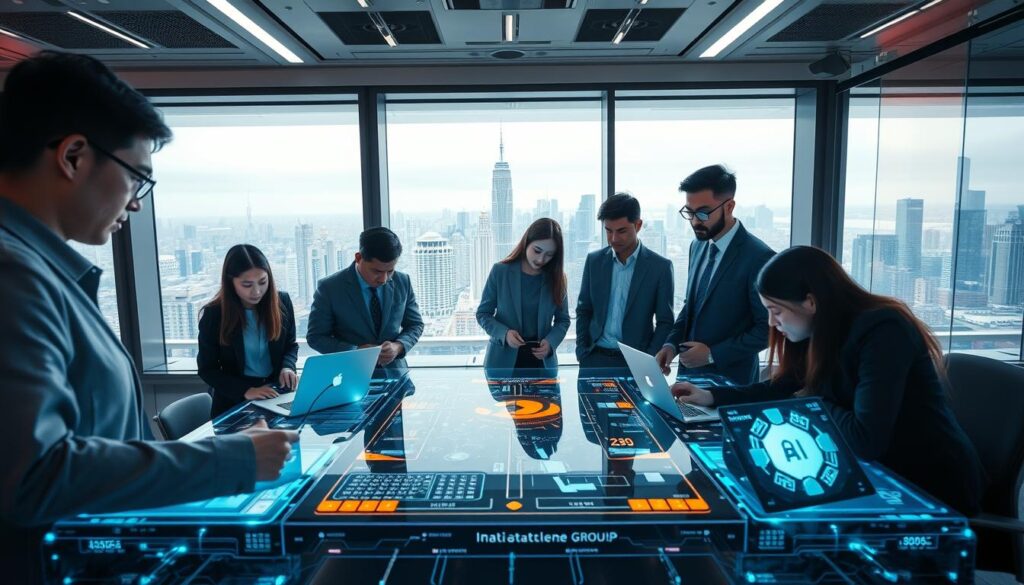 A futuristic office space featuring advanced artificial intelligence technology within Alibaba Group. In the foreground, a diverse team of professionals in business attire collaborates over high-tech devices, including holographic displays and sleek laptops. The middle ground showcases an innovative digital workspace with smart screens displaying e-commerce data and AI analytics. In the background, large windows reveal a bustling cityscape, symbolizing China's vibrant economy. The scene is illuminated by bright, dynamic LED lighting that creates a tech-savvy ambiance, emphasizing collaboration and innovation. The angle is slightly elevated, capturing the energy of teamwork and the advanced technology central to Alibaba's operations. The mood is inspiring, reflecting the power and potential of AI in e-commerce.