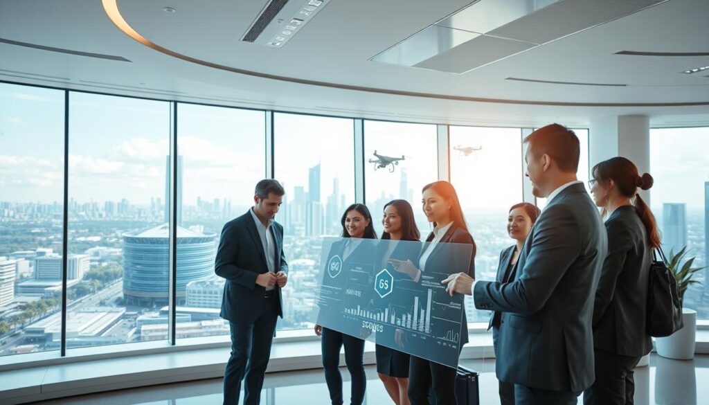 A futuristic office space representing the future of Panek CS, with sleek, minimalistic design elements and cutting-edge technology. In the foreground, a diverse group of professionals in smart business attire collaborates around a large, interactive digital screen, showcasing innovative data and technology trends. In the middle, large windows reveal a vibrant city skyline, featuring green spaces and smart urban infrastructure. The background includes elements like drones and electric vehicles, highlighting technological advancement. Soft, bright lighting enhances the modern atmosphere, while a wide-angle lens captures the dynamic energy of the scene. The mood is optimistic and forward-thinking, emphasizing growth and innovation in the tech industry.