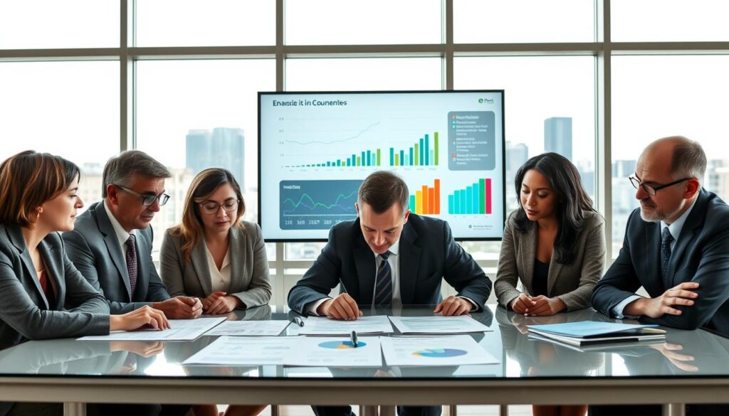 A group of diverse local council members engaged in a serious discussion in a modern conference room, emphasizing the impact of their salaries on local policy decisions. In the foreground, three council members, dressed in professional business attire, lean over a table with financial documents and charts, showing deep concentration. The middle features a large screen displaying graphs and key metrics related to local governance. In the background, large windows let in natural light, creating a bright and airy atmosphere. A cityscape can be seen through the windows, symbolizing the community they serve. The mood is focused, professional, and deliberative, reflecting the gravity of their roles in shaping local politics. A group of diverse local council members engaged in a serious discussion in a modern conference room, emphasizing the impact of their salaries on local policy decisions. In the foreground, three council members, dressed in professional business attire, lean over a table with financial documents and charts, showing deep concentration. The middle features a large screen displaying graphs and key metrics related to local governance. In the background, large windows let in natural light, creating a bright and airy atmosphere. A cityscape can be seen through the windows, symbolizing the community they serve. The mood is focused, professional, and deliberative, reflecting the gravity of their roles in shaping local politics.