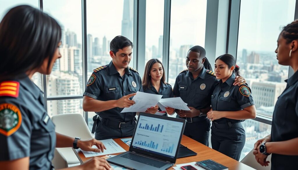 A group of professional emergency medical responders in smart, modest uniforms, discussing additional benefits in a modern, well-lit office setting. In the foreground, a diverse team (Caucasian, Hispanic, Black) is engaged in a focused conversation, showcasing expressions of determination and enthusiasm. The middle showcases a table covered with documents, charts, and a laptop displaying graphs about employee benefits. In the background, large windows reveal a bustling cityscape, hinting at the urban environment they serve. Bright natural light illuminates the scene, creating a positive and motivational atmosphere. Use a wide-angle lens to capture the depth and dynamic interaction between team members, conveying teamwork and professional growth. A group of professional emergency medical responders in smart, modest uniforms, discussing additional benefits in a modern, well-lit office setting. In the foreground, a diverse team (Caucasian, Hispanic, Black) is engaged in a focused conversation, showcasing expressions of determination and enthusiasm. The middle showcases a table covered with documents, charts, and a laptop displaying graphs about employee benefits. In the background, large windows reveal a bustling cityscape, hinting at the urban environment they serve. Bright natural light illuminates the scene, creating a positive and motivational atmosphere. Use a wide-angle lens to capture the depth and dynamic interaction between team members, conveying teamwork and professional growth.