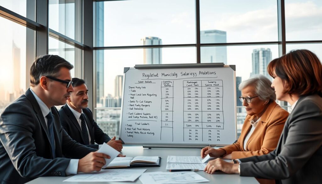 A group of professional individuals in business attire discussing regulations around municipal salaries in a modern office setting. In the foreground, a diverse panel of three people—a middle-aged man, a young woman, and an elderly woman—examining legal documents and charts on a table. The middle of the composition features a large whiteboard filled with graphs and bullet points outlining salary regulations for local leaders like mayors and village heads. The background includes a sleek, contemporary city skyline visible through large glass windows, bathed in warm afternoon light, creating an inviting atmosphere. The scene conveys a sense of professionalism, collaboration, and civic responsibility, with a focus on the importance of governance and transparency. A group of professional individuals in business attire discussing regulations around municipal salaries in a modern office setting. In the foreground, a diverse panel of three people—a middle-aged man, a young woman, and an elderly woman—examining legal documents and charts on a table. The middle of the composition features a large whiteboard filled with graphs and bullet points outlining salary regulations for local leaders like mayors and village heads. The background includes a sleek, contemporary city skyline visible through large glass windows, bathed in warm afternoon light, creating an inviting atmosphere. The scene conveys a sense of professionalism, collaboration, and civic responsibility, with a focus on the importance of governance and transparency.